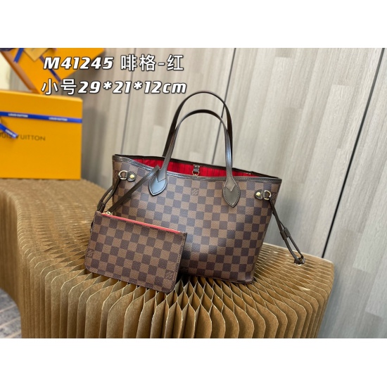 20231125 internal price P490 top-level original order [exclusive background] M41245 brown red [Taiwan product] all steel hardware ✅ Classic Shopping Bag 29cm LV Louis Vuitton New Neverfull Small Handbag has a sleek and classic design, making it an elegant