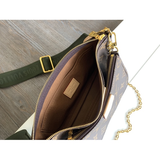20231126 [P400 Top Original Order] M44813 Green/M44840 Pink/M44823. The Multi Pochette Accessories handbag features a three in one energetic design made of Monogram canvas, with multiple pockets and compartments. The adjustable gold chain and Louis Vuitto