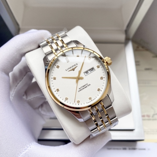 20240408 white shell 420, medium gold 440, steel strip+20. 【 Special Recommendation: Classic Hot Selling 】 Longines Men's Watch Fully Automatic Mechanical Movement Mineral Reinforced Glass 316L Precision Steel Case Precision Steel Band Business Leisure El
