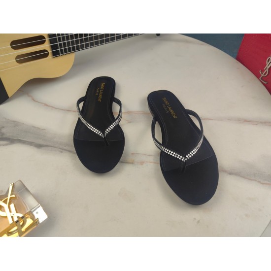 20240403 260 [Saint Laurent] Saint Laurent, Flat Heel Hot Diamond Herringbone Sandals 2023 Early Autumn Counter synchronized with the latest models, YSL, rhinestone slippers, classic and beautiful decorations, and masterpieces. The hottest spring and summ