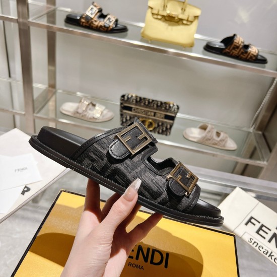 20240407 FENDI's latest popular double strap flat bottom slippers with FF decorative buckle, decorated with FF patterned jacquard fabric and light brown leather edges, sizes 35-45