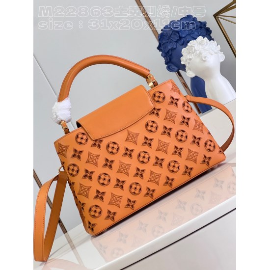 20231125 P1720 [Exclusive Real Time M22863 Earth Yellow Embroidery/Medium] This Capuchines MM handbag was created by Nicolas Ghesquire and highlights the LV Broderie Anglaise theme of the brand's early autumn 2022 collection. The cow leather bag is embell